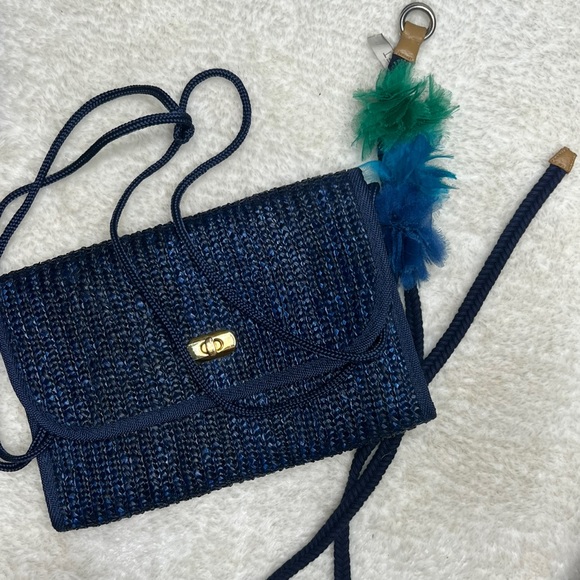 Vintage Blue Straw Woven Crossbody Handbag - Picture 4 of 12